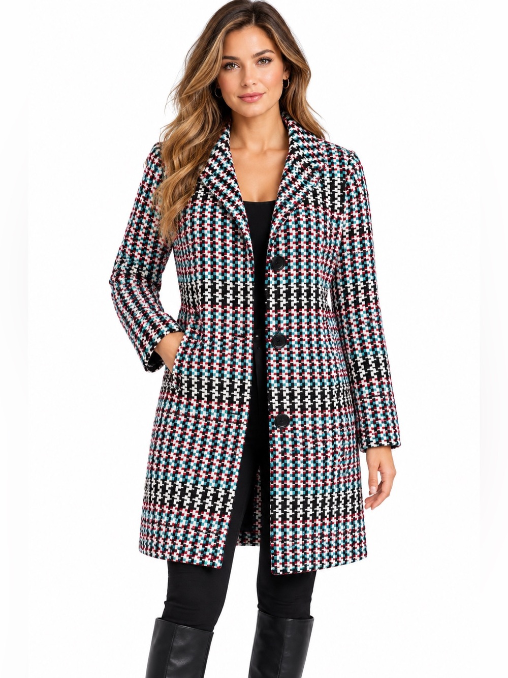 VENUS Houndstooth Plaid Tweed Coat Size 12 Multicolor Longline Button Front Jack